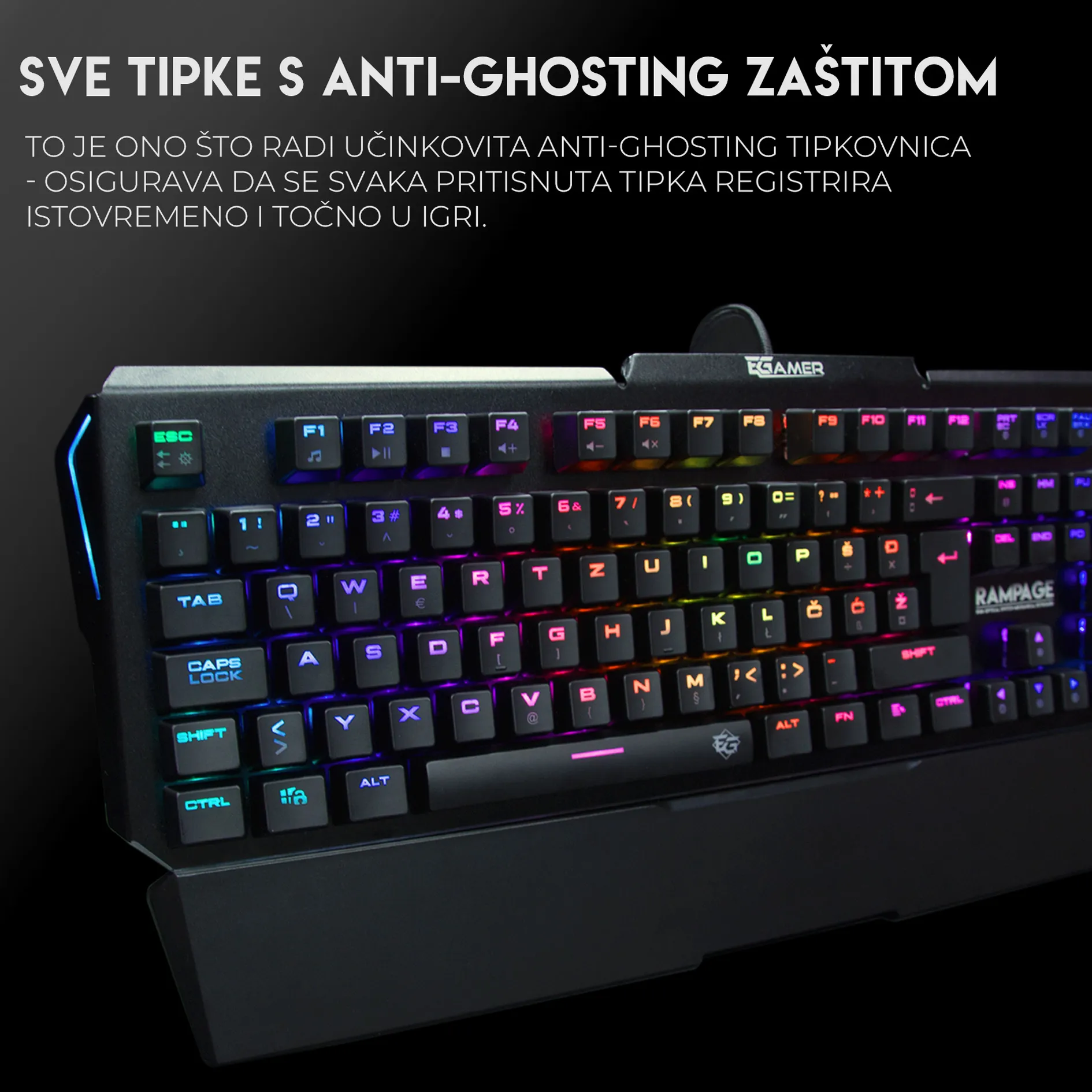 RAMPAGE MK95 – sve tipke s anti‑ghosting zaštitom, ravnomjerno RGB osvjetljenje i hrvatski raspored tipki