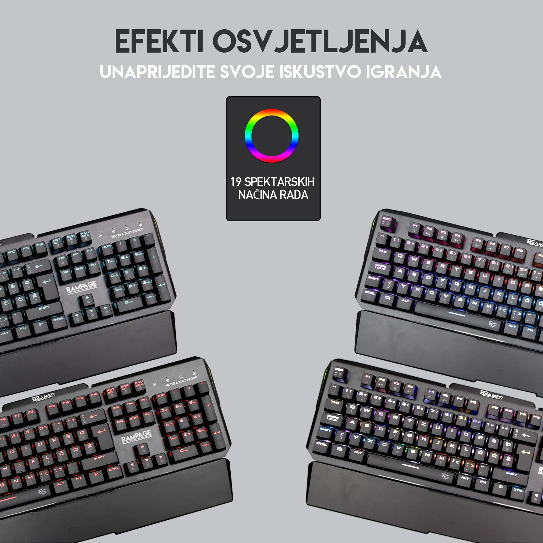 RAMPAGE MK95 – 19 spektarskih načina RGB osvjetljenja, različite kombinacije boja i efekata za tipke