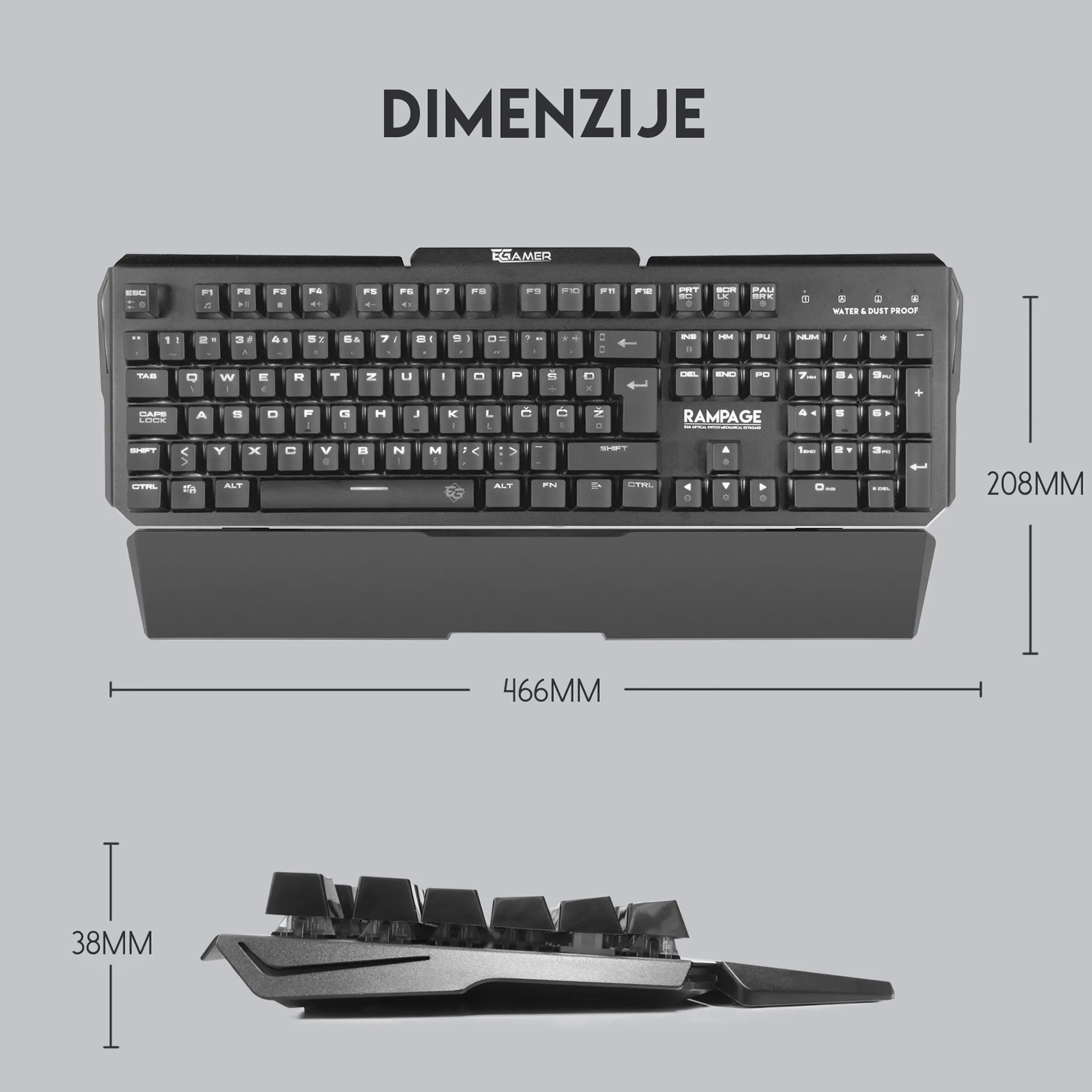 RAMPAGE MK95 – dimenzije 466 × 208 × 38 mm, pogled odozgo i bočni profil tipkovnice s osloncem