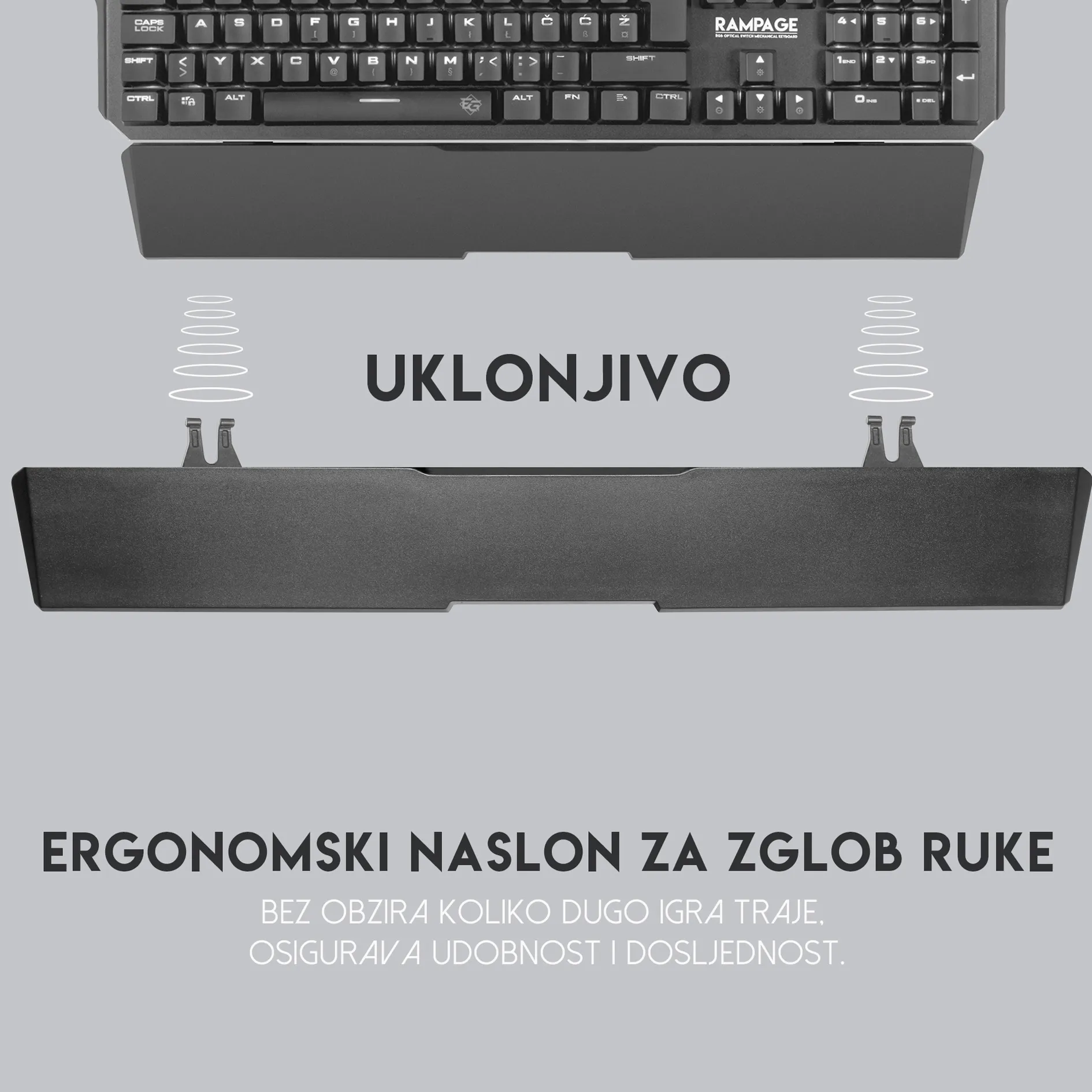 RAMPAGE MK95 – uklonjivi ergonomski naslon za zglob ruke, udobnost na duge gaming sesije, sigurno pričvršćen