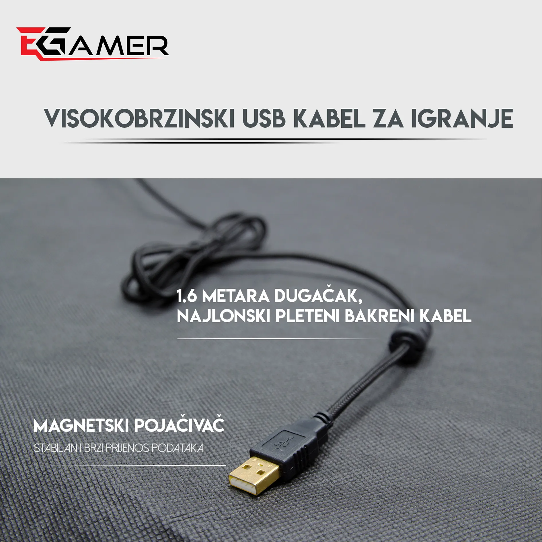 RAMPAGE MK95 – visokobrzi USB kabel 1.6 m, najlonski pleteni bakreni vodič s pojačanjem za stabilan prijenos podataka