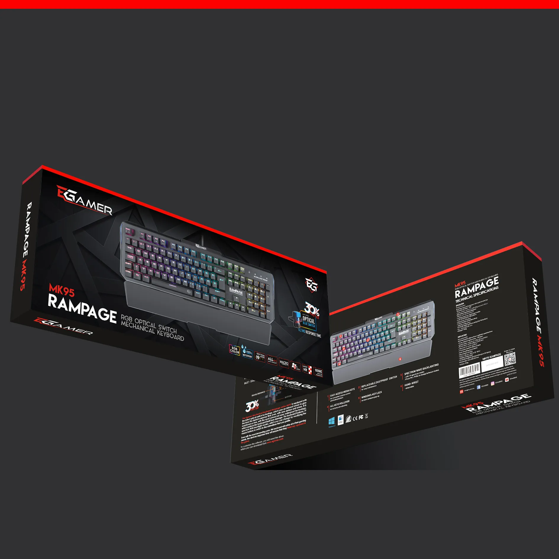 RAMPAGE MK95 – pakiranje tipkovnice, prednja i stražnja strana crno‑crvene kutije sa specifikacijama