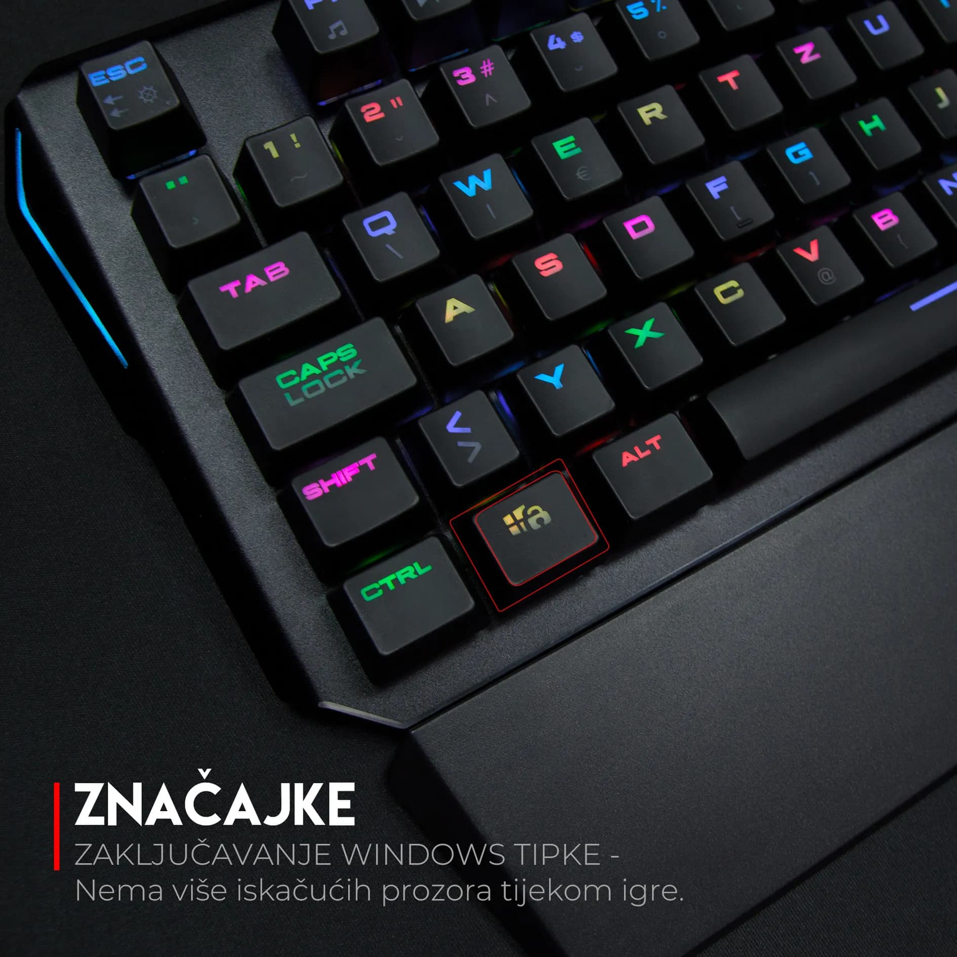 RAMPAGE MK95 – tipka za zaključavanje Windows tipke istaknuta crvenim okvirom, sprječava prekide tijekom igre