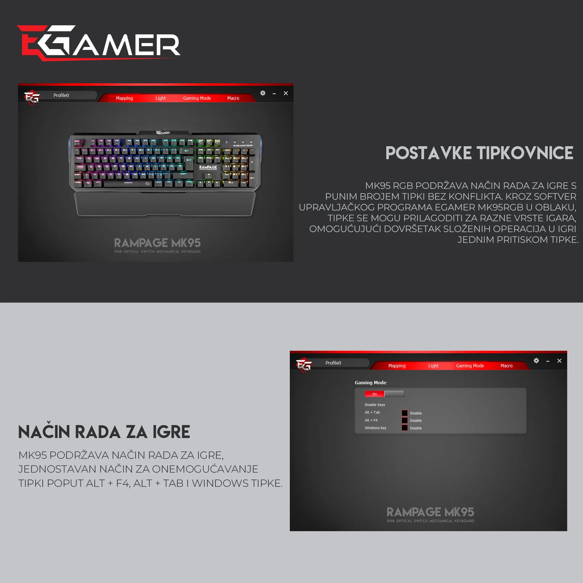 RAMPAGE MK95 – softver za mapiranje tipki, rasvjetu i makro modove, prikaz sučelja u načinu rada za igre