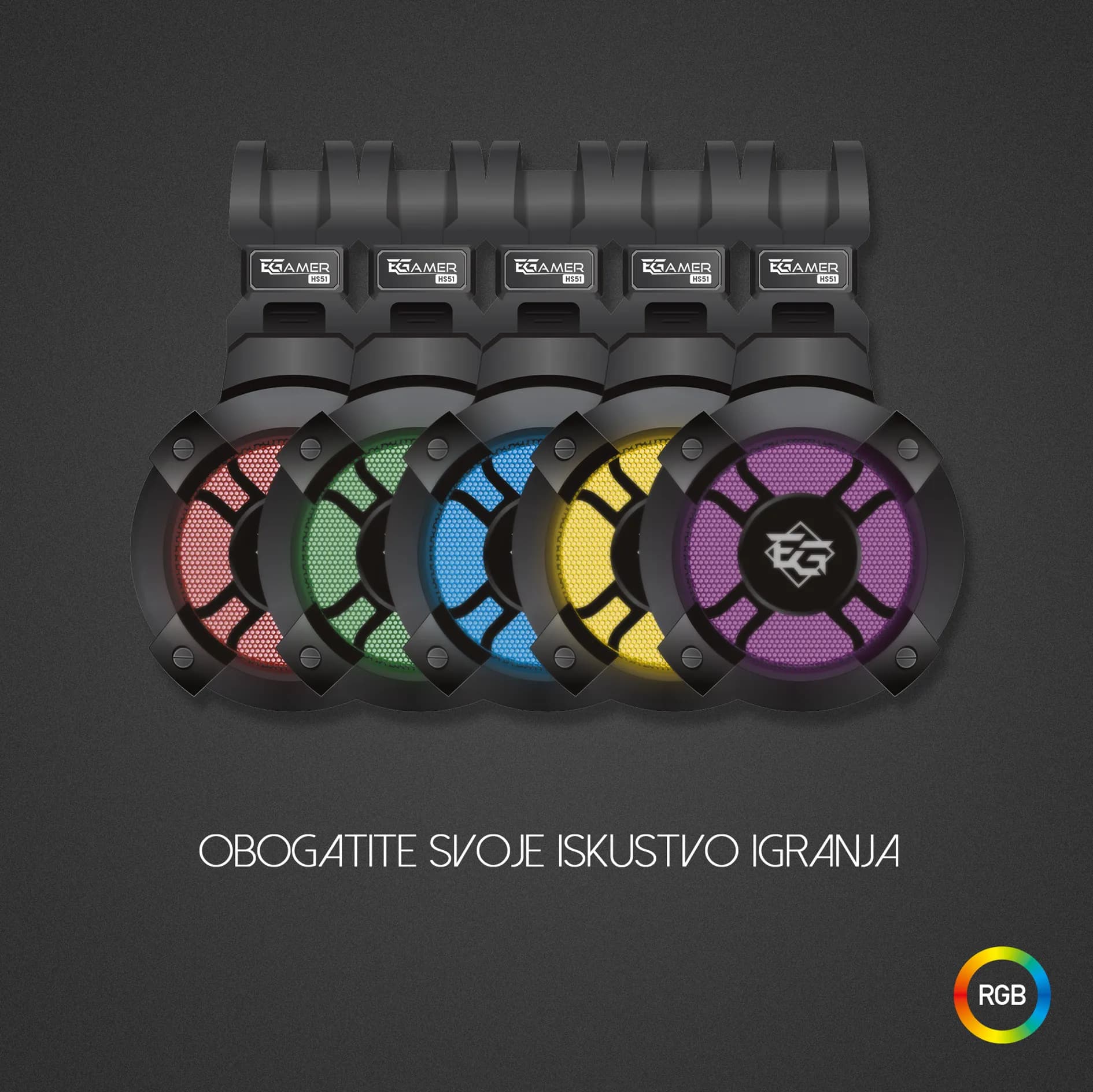 EGamer SONA 7.1 HS51 slušalice – RGB osvjetljenje u više boja, naglašene rešetke zvučnika za gaming ambijent