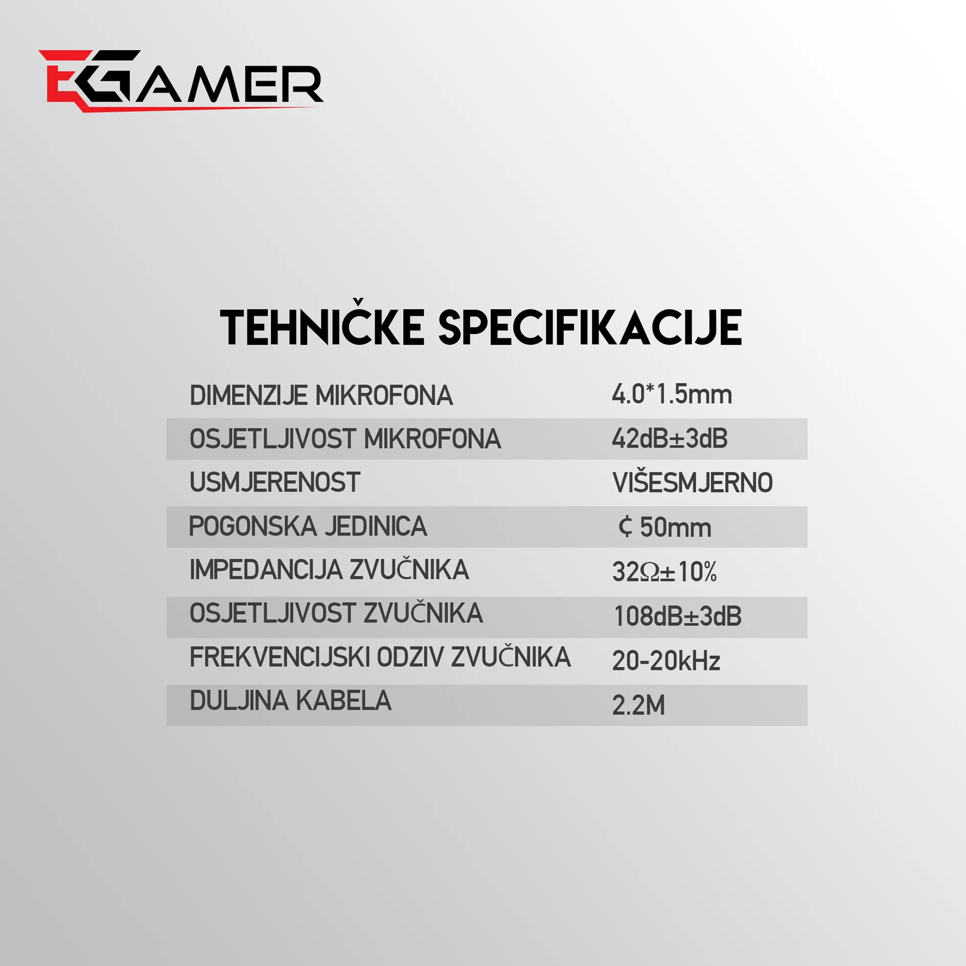 Tehničke specifikacije EGamer SONA 7.1 HS51 – višesmjerni mikrofon, 50 mm driveri, 32 Ω, 108 dB, 20–20 kHz