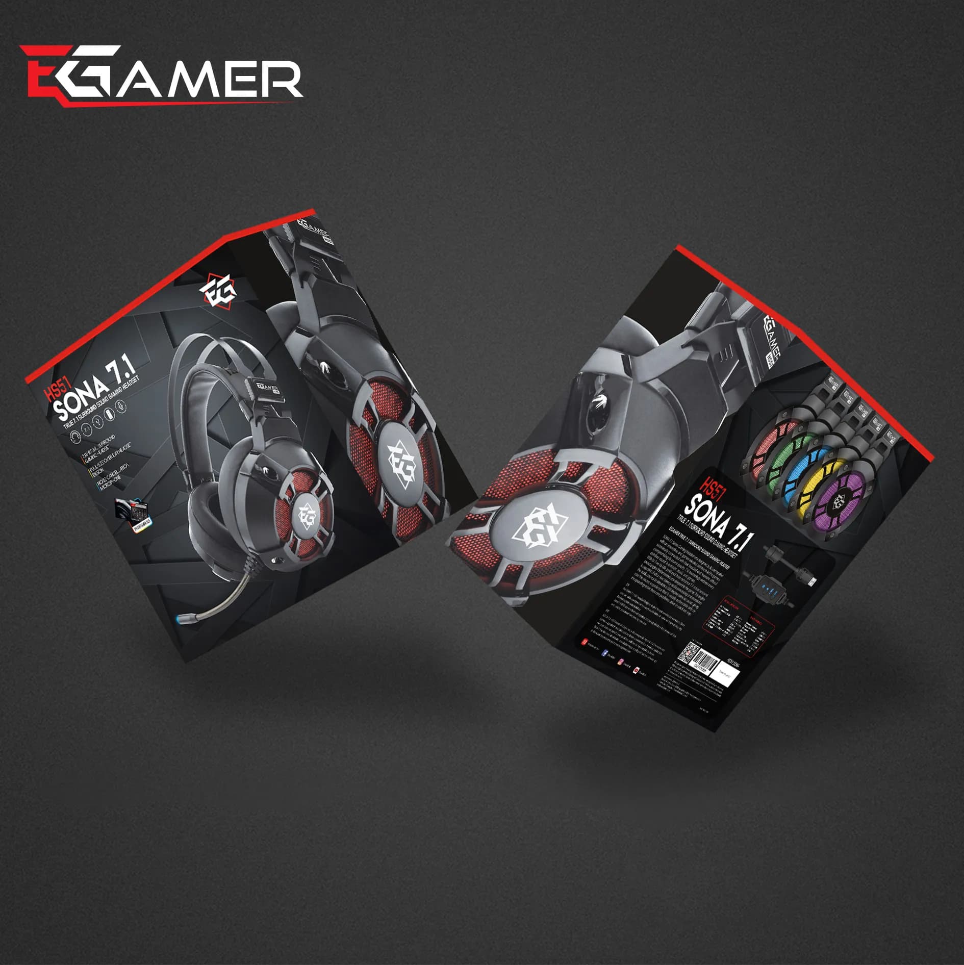 Pakiranje EGamer SONA 7.1 HS51 – prednja i stražnja strana kutije s ključnim značajkama i RGB opcijama