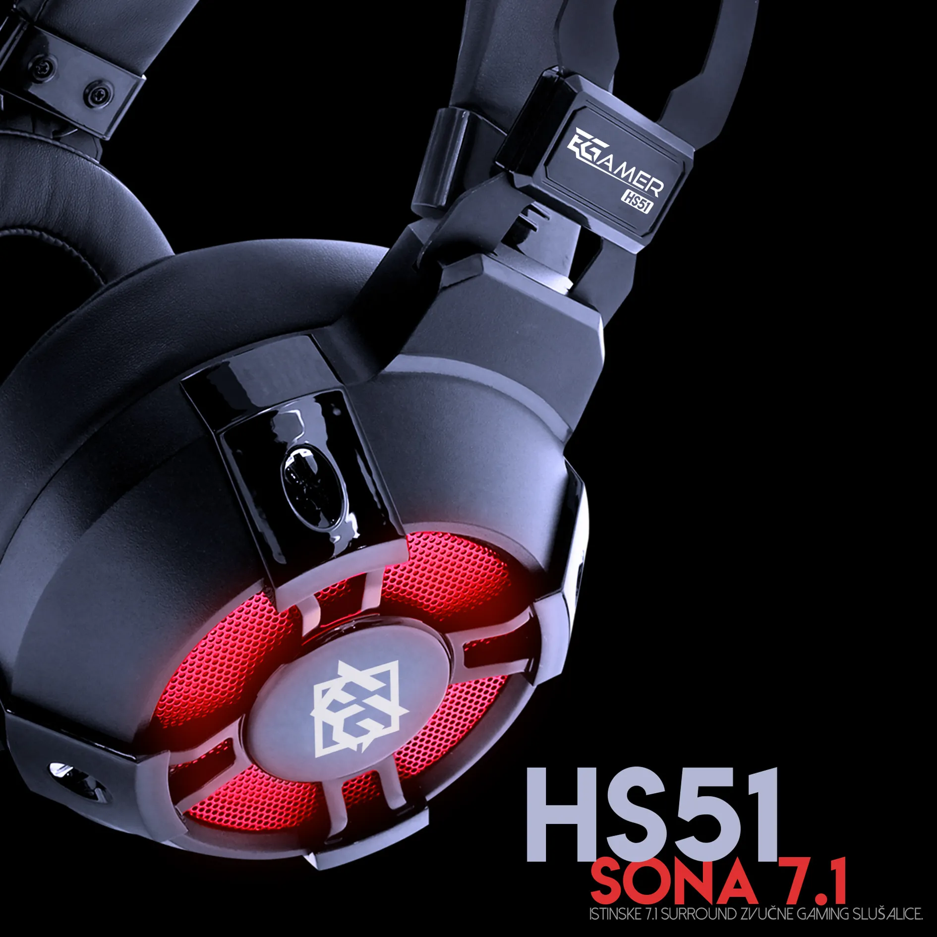 Earcup EGamer SONA 7.1 HS51 izbliza – crveni LED grill, robustan okvir i logotip, naglašava gaming dizajn