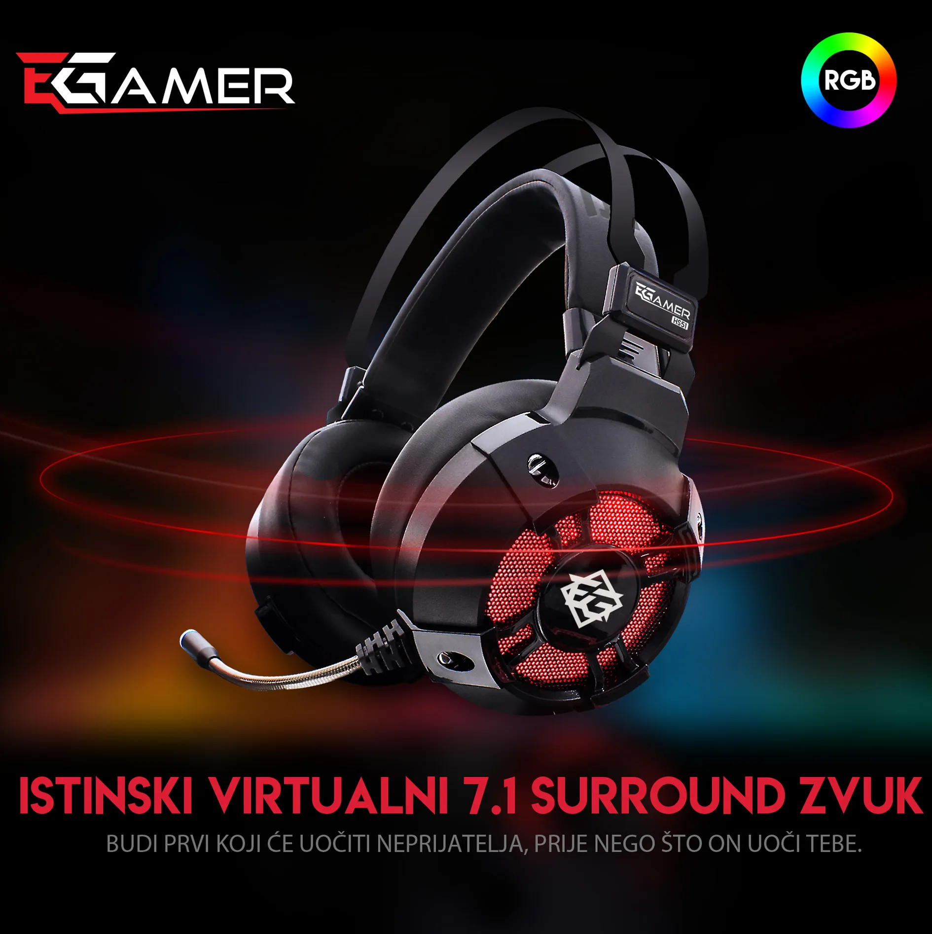 EGamer SONA 7.1 HS51 – istinski virtualni 7.1 surround s RGB osvjetljenjem, precizno pozicioniranje zvuka u igri