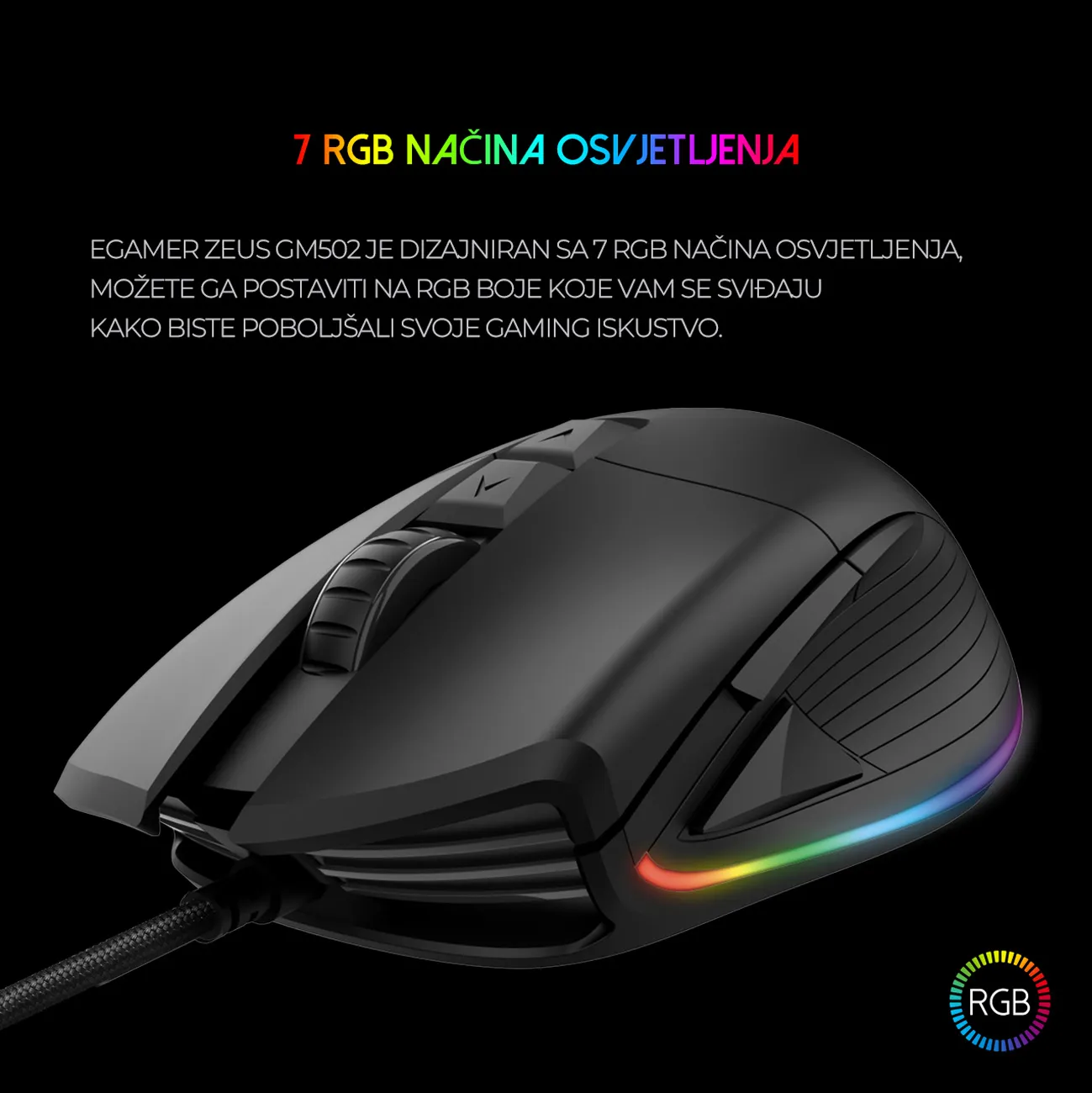 EGamer Zeus GM502 s Pixart 3389, 16.000 DPI, RGB; čvrsto kućište, PTFE nogice, precizno klizanje.