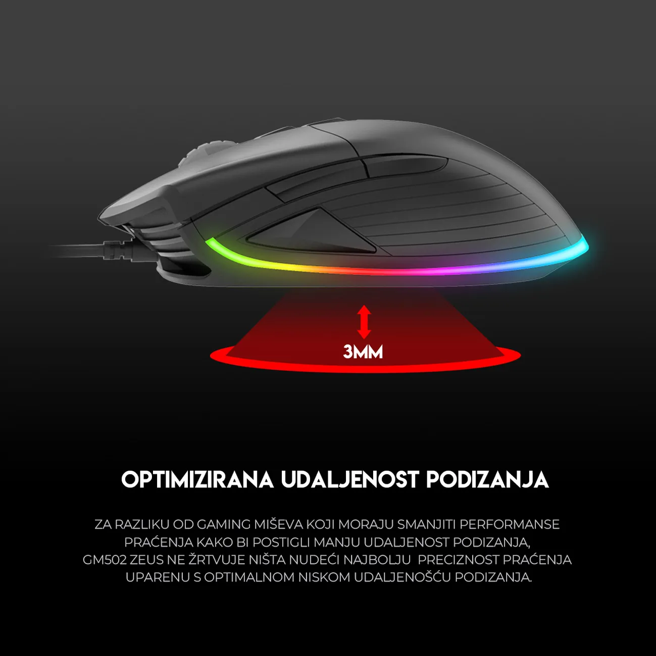 ZEUS GM502 bočni profil – ergonomski grip i RGB traka, istaknute DPI i naprijed/nazad tipke