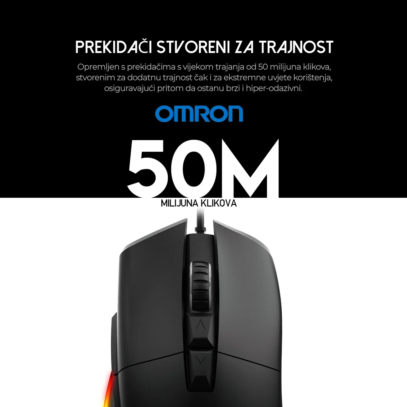 ZEUS GM502 – PixArt 3389 senzor do 16 000 DPI, 400 IPS i 50G akceleracija, prikaz donje strane miša