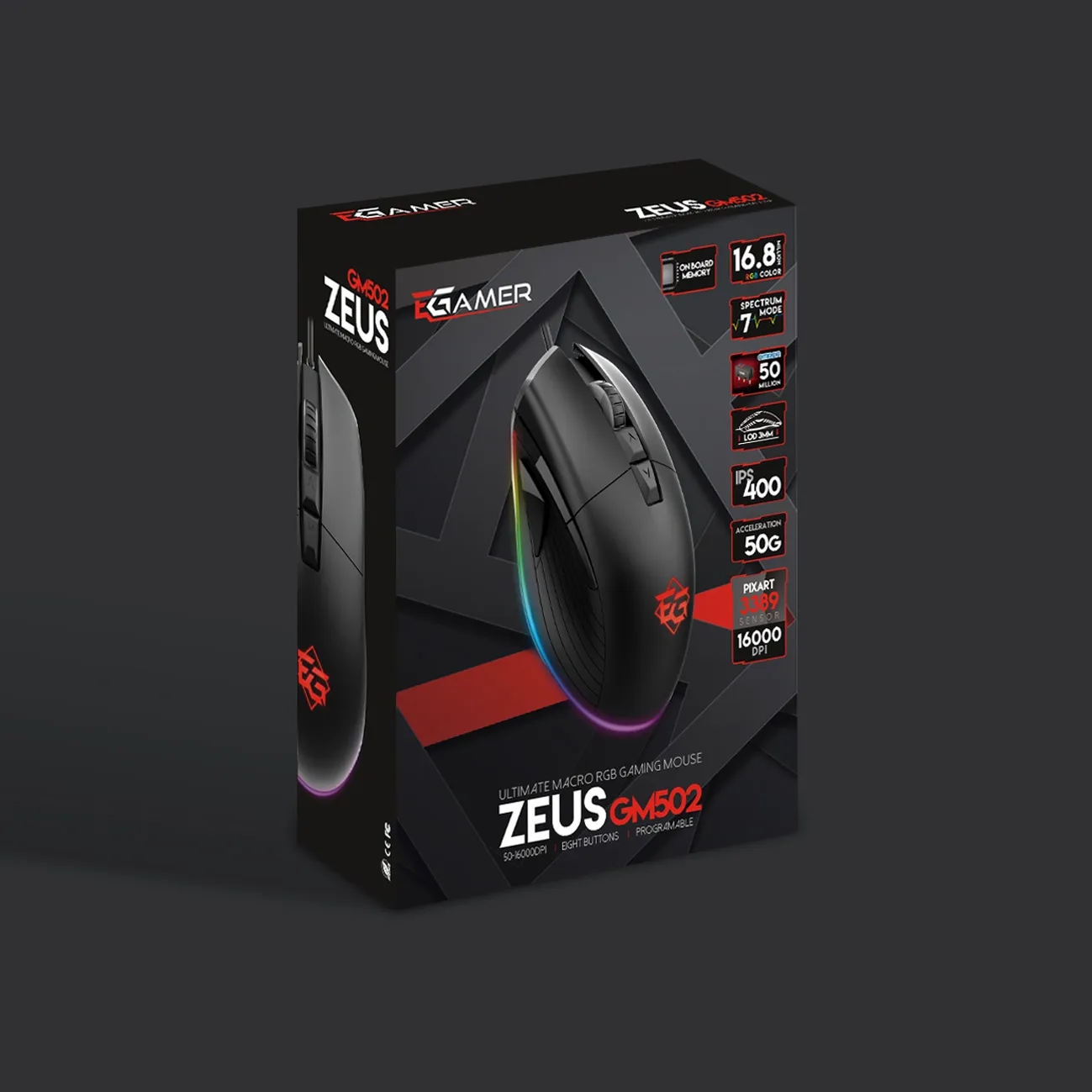 Pakiranje ZEUS GM502 – kutija s ključnim značajkama: 16.8M boja, 7 modova, 50M klikova, 400 IPS, 50G, 3389
