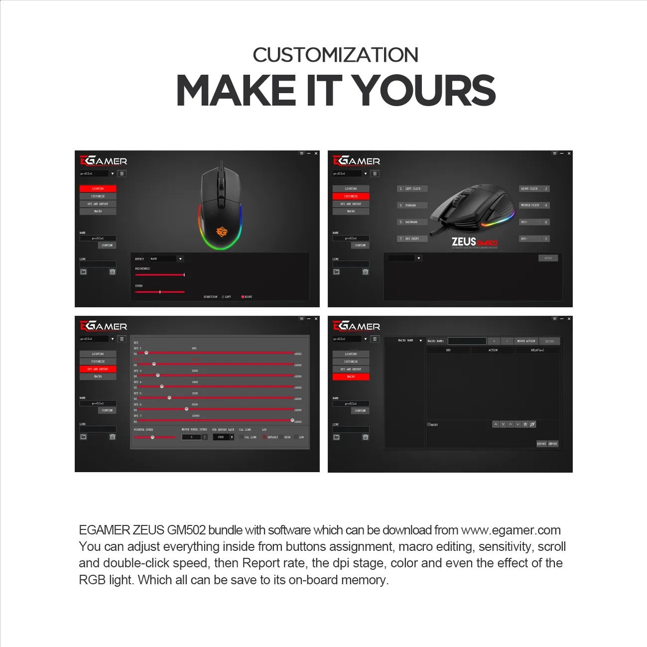 Pakiranje ZEUS GM502 – perspektivni prikaz kutije s mišem i RGB naglascima, navedenih 8 tipki i 50–16000 DPI
