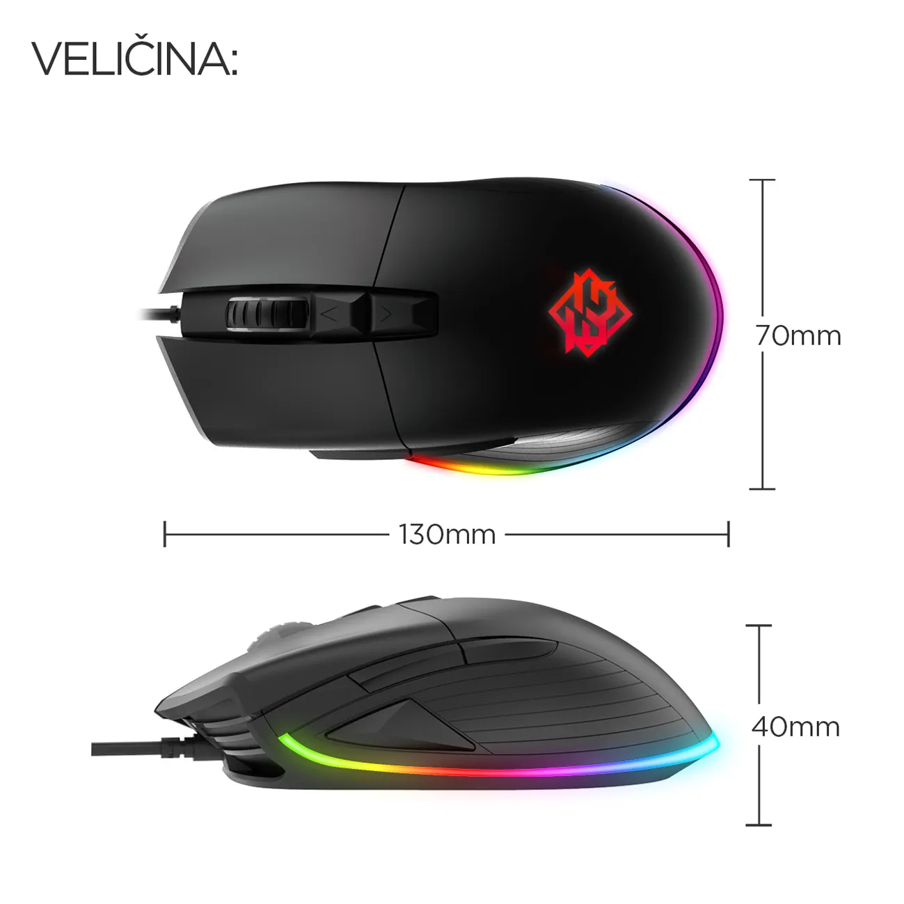 ZEUS GM502 dimenzije – 130 × 70 × 40 mm, ergonomski oblik s RGB linijom i DPI tipkama ispod kotačića